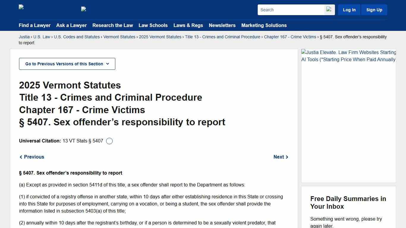 13 Vermont Statutes Annotated § 5407. (2025) - Sex offender’s responsibility to report :: 2025 Vermont Statutes :: U.S. Codes and Statutes :: U.S. Law :: Justia